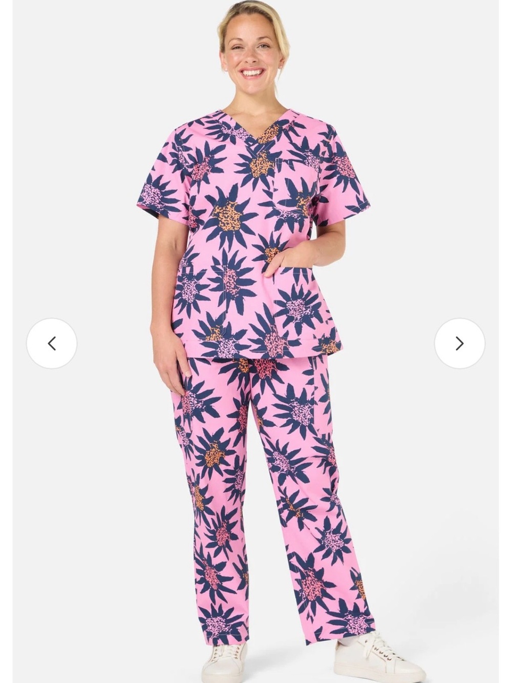 gorman Pink Floral Scrub Set with Navy and Gold Accents